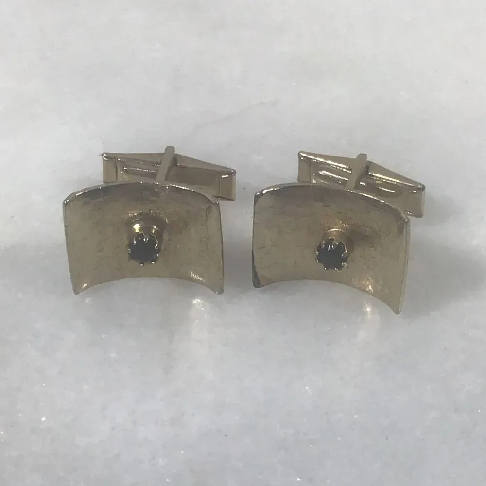 Vintage Gold Tone Shadowbox Curved Square Cufflinks with Ruby Red Rhinestone